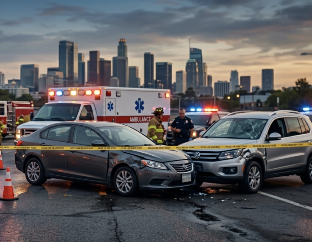 Emergency responders attending to a severe auto accident and traffic collision in Nashville.